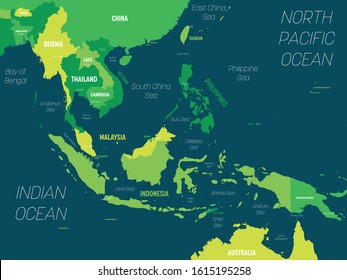 Southeast Asia map - green hue colored on dark background. High detailed political map of southeastern region with country, capital, ocean and sea names labeling.