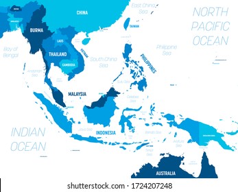 Southeast Asia Map - Green Hue Colored On Dark Background. High Detailed Political Map Of Southeastern Region With Country, Capital, Ocean And Sea Names Labeling.