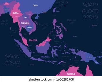 Southeast Asia map. High detailed political map of southeastern region with country, capital, ocean and sea names labeling.