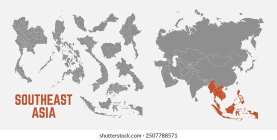 Southeast Asia map. Indonesia, Malaysia,Thailand, Laos, Philippines, Vietnam, Singapore, Cambodia maps with regions. Asia map isolated on white background. High detailed. Vector illustration	