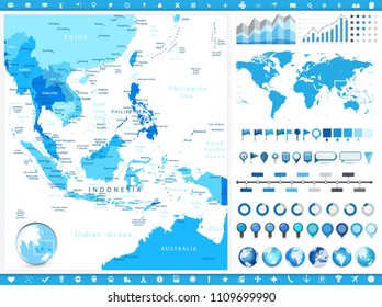 Southeast Asia Map and infographic elements. Detailed vector illustration of map.