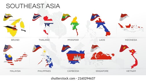 Southeast Asia Map And National Flag Emblem Infographic. Global Business Marketing. ASEAN. Capital City. Brunei, Thailand, Myanmar, Laos, Indonesia, Malaysia, Philippines, Cambodia, Singapore, Vietnam