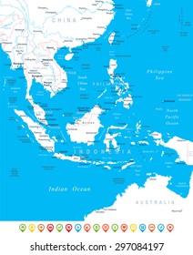 Southeast Asia - map, navigation icons - illustration