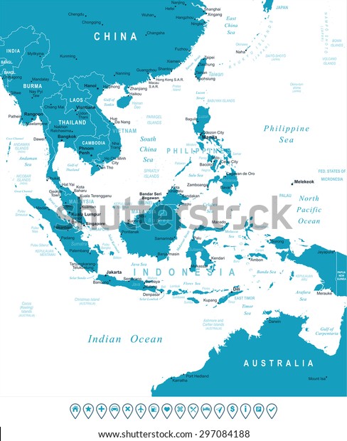 Southeast\
Asia - map and navigation labels -\
illustration