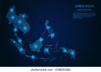 Southeast Asia map from point blue and glowing stars on a dark background. Vector eps 10.