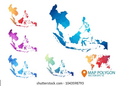 Southeast Asia Map - Set of geometric rumpled triangular low poly style gradient graphic background , Map world polygonal design for your . Vector illustration eps 10.