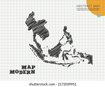 Southeast Asia map of vector black silhouette chaotic hand drawn scribble sketch on grid paper used for notes or decoration.