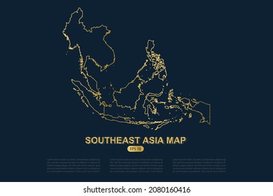Southeast Asia Map - World Map International vector template with thin gold outline graphic sketch style isolated on dark background for card design, poster - Vector illustration eps 10