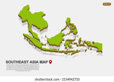 Southeast Asia Map - World map International vector template with isometric style including shadow, green and brown color isolated on white background for design - Vector illustration eps 10
