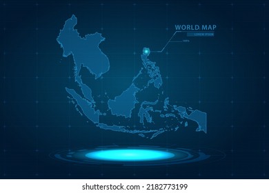 Southeast Asia Map - World Map International vector template with Hologram in perspective style and HUD, GUI, UI interface isolated on blue background for design - Vector illustration eps 10