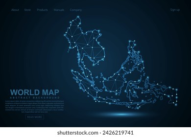 Mapa del Sudeste Asiático - Mapa Mundial de la línea de masa y escalas de puntos en el fondo azul de la tecnología. Línea de red poligonal de malla 3D de marco de alambre, esfera de diseño, punto y estructura - Ilustración vectorial eps 10