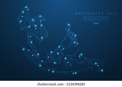 Mapa del Sudeste Asiático - Mapa mundial del vector con placa de circuitos abstracta futurista Ilustración o línea de máscaras de tecnología de alta tecnología y escalas de puntos sobre fondo oscuro - Ilustración vectorial ep 10 