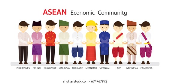 Southeast Asia People In Traditional Clothing Join Hand, AEC (ASEAN Economic Community), Men