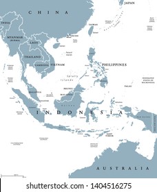 Southeast Asia, political map with borders. Subregion of Asia with countries south of China, east of India, west of New Guinea, north of Australia. Gray illustration on white background. Vector.