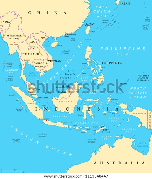 Southeast Asia Political Map Capitals Borders Stock Vector (Royalty ...