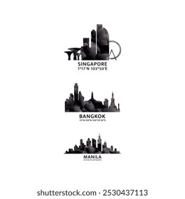 Southeast Asia region cities logo and icon set. Vector graphic collection for Bangkok, Manila, Singapore. Philippines, Thailand, Singapore capital skyline emblems