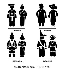 Southeast Asia - Thailand Vietnam Cambodia Indonesia Man Woman People National Traditional Costume Dress Clothing Icon Symbol Sign Pictogram