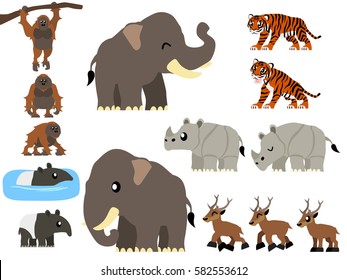 Southeast Asian animals vector containing tiger, orangutan, Javan rhinoceros, Tapir, Asian elephant and Bawean deer illustration.