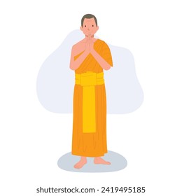  Southeast Asian Cultural. Standing Thai Monk Greeting in Meditation Robes. sawasdee. Thank you