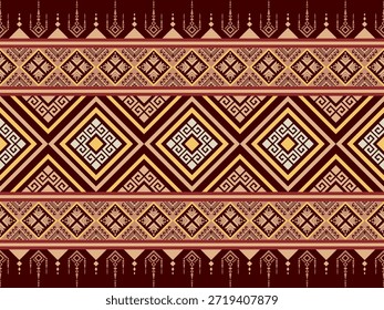 Patrón de tela étnica del sudeste asiático con adorno tribal tailandés tradicional, bordado de diamantes geométricos sin costuras en colores marrón, dorado y crema para textiles de moda y decoración elegante para el hogar.