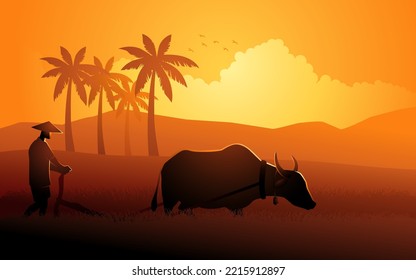 Southeast Asian farmer plowing paddy field using water buffalo, vector illustration