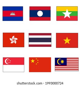 Southeast Asian Flag rectangle icon set on isolated white for Asia Country concepts. Hong Kong, China, Thailand, Malaysia, Vietnam.