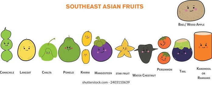 southeast Asian rare fruits cartoon avatar set, vector isolated set,fresh healthy exotic fruits,rare unique fruits,healthy lifestyle,Asian fruits