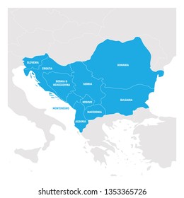 Southeast Europe Region. Map Of Countries Of Balkan Peninsula. Vector Illustration.