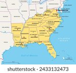 Southeast Region, the South of the United States, political map. Geographic and cultural region, also referred to as the Southern United States, American South, Southland, Dixieland, or simply Dixie.