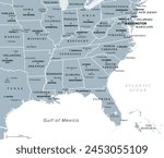 Southeast Region, South of the United States, gray political map. Geographic and cultural region, also referred to as the Southern United States, American South, Southland, Dixieland, or simply Dixie.