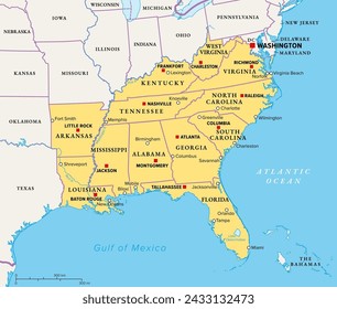 Southeast Region, the South of the United States, political map. Geographic and cultural region, also referred to as the Southern United States, American South, Southland, Dixieland, or simply Dixie.