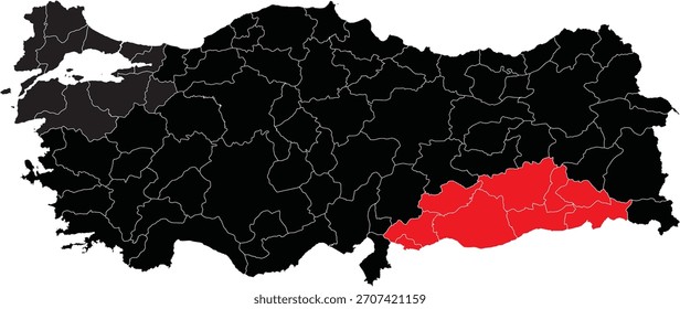 Região Sudeste da Anatólia no mapa da Turquia