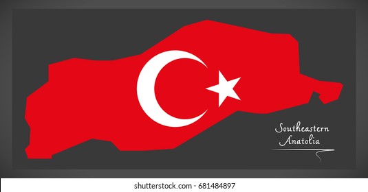 Southeastern Anatolia Turkey map with Turkish national flag illustration