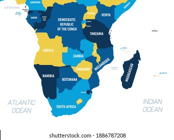 Southern Africa Map - Brown Orange Hue Colored On Dark Background. High Detailed Political Map Of Southern African Region With Country, Ocean And Sea Names Labeling.