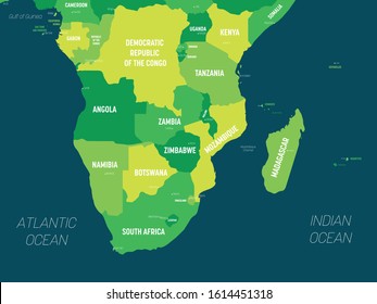 Southern Africa Map - Green Hue Colored On Dark Background. High Detailed Political Map Of Southern African Region With Country, Capital, Ocean And Sea Names Labeling.