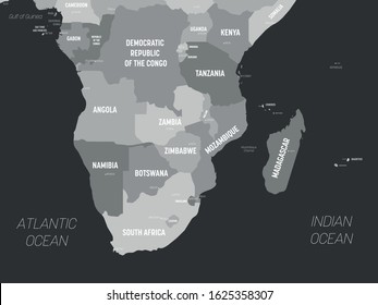 Southern Africa Map - Grey Colored On Dark Background. High Detailed Political Map Of Southern African Region With Country, Capital, Ocean And Sea Names Labeling.