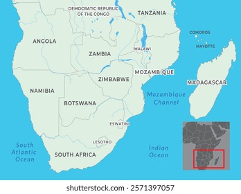 Southern Africa map highlighting countries, borders, and name