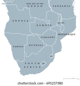 Southern Africa political map with borders of the countries and English labeling. The southernmost region of the African continent. Gray illustration on white background. Vector.