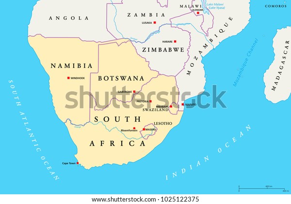 Southern Africa Region Political Map Southernmost Stock Vector