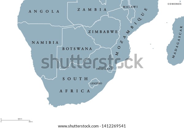 Southern Africa region political map.\
Southernmost region of African continent. South Africa, Namibia,\
Botswana, Swaziland and Lesotho. English labeling. Gray\
illustration on white background.\
Vector.