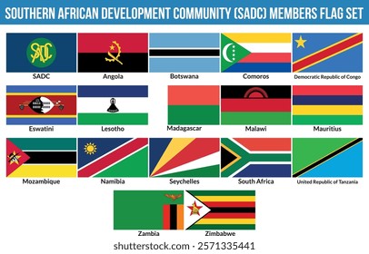 Southern African Development Community, SADC Members Flag Set Vector Illustration