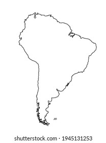 Southern America vector map contour silhouette illustration isolated on white background. Continent map with ocean borders and coast line.