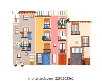 Southern apartment building facade. Old colorful South house exterior with plants and laundry on balconies. Cozy Spanish town architecture, home. Flat vector illustration isolated on white background