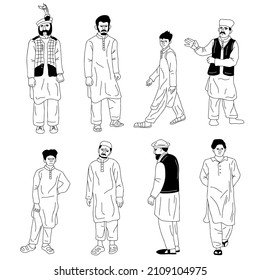 Southern Asia men set. Boys, youth and old man wearing Shalwar kameez and Sherwani national dress of Pakistan. Inclusiveness and diversity design elements vector illustration