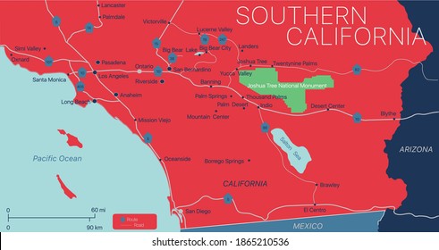 Southern California detailed editable map with with cities and towns, geographic sites, roads, railways, interstates and U.S. highways. Vector EPS-10 file, trending color scheme