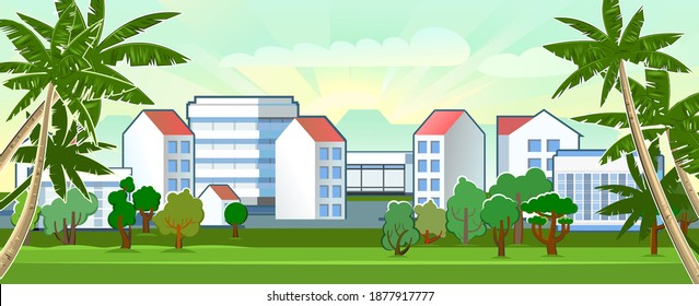 Southern City. Cityscape with palms and sky. View from the jungle. High-rise buildings, skyscrapers and high-rise buildings. Green park area. Flat style. Suburb. Vector