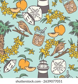 Southern Coastal Icons Pattern – Seamless hand-drawn design featuring South Carolina-inspired elements like sweet tea, peaches, sand dollars, yellow jessamine, and the Carolina wren.