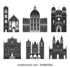 Southern Europe. Architecture. Isolated European buildings on white background