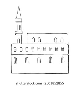 Southern Europe building with tower in Mediterranean flat vector illustration. Simple line black and white house in Croatian, Montenegro or Slovenia for tourist designs and brochures