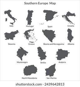 Southern Europe country Map. Map of Southern Europe in set grey color